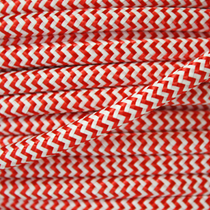 Striped flex / fabric lighting cable in a red and white finish. Round 3 core flex.